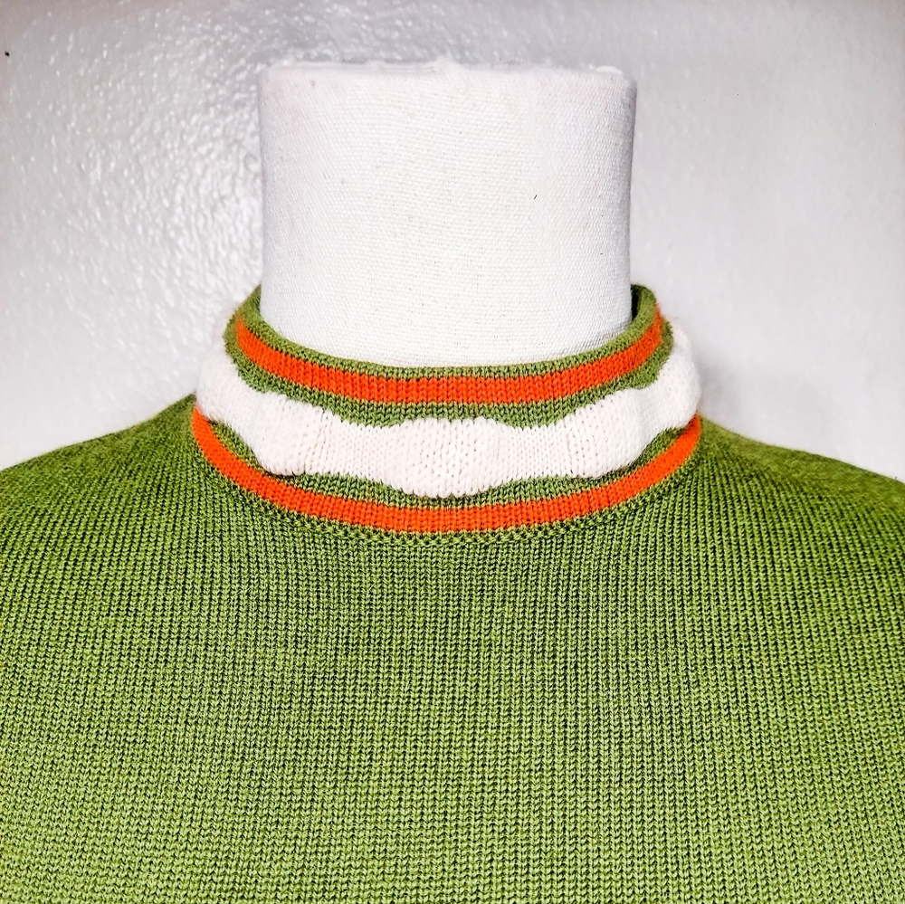 Vintage 1960s Mod Turtleneck Sweater Dress | 60s Colorblock Striped Wool Dress - Picture 7 of 10